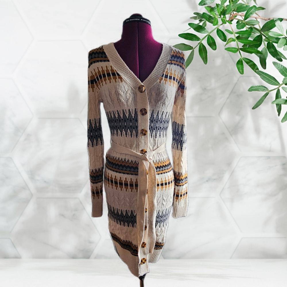 Lucky Brand Fair Isle Cardigan Knit Sweater Dress Aztec Geomteric Patterned - Picture 2 of 16